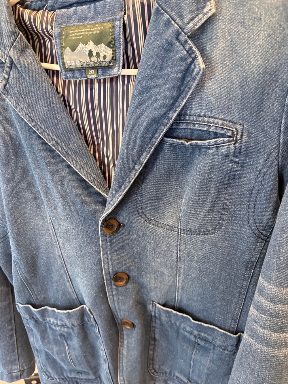 European American Style Industrial Military Brigade 2XL Blue Denim Blazer Jacket - Picture 4 of 4